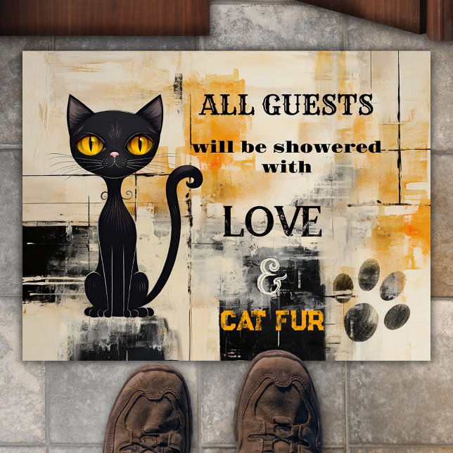 Funny Grunge Ochre Black Cat  Doormat (Funny doormat featuring a cute black cat on a grunge painted background in ocher, ivory and black)