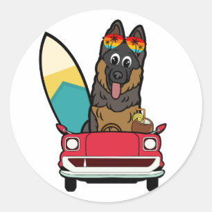 Funny Guard Dog is driving to the beach Classic Round Sticker