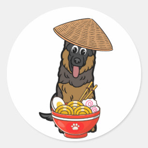Funny guard dog is eating noodles classic round sticker
