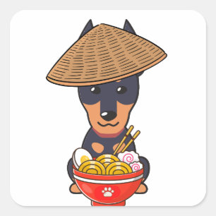 Funny guard dog is eating noodles square sticker