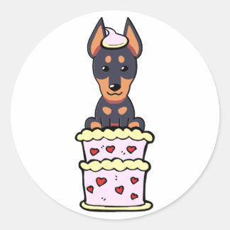 Funny guard dog jumping out of a cake classic round sticker