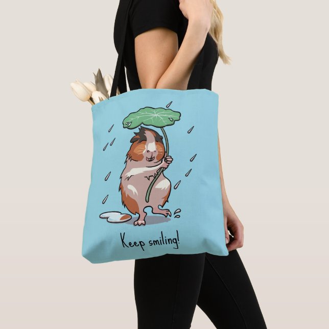 Funny Guinea Pig Keep Smiling Rain Dancing Cartoon Tote Bag (Close Up)