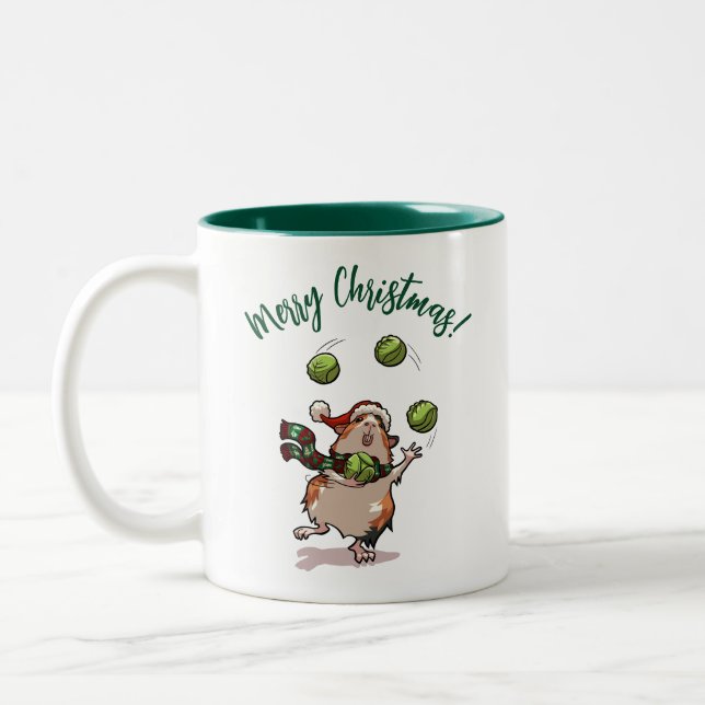 Funny Guinea Pig Merry Christmas! Juggler Cartoon Two-Tone Coffee Mug (Left)