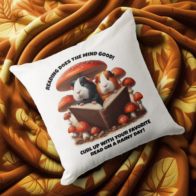 Funny Guinea Pigs Reading Under Red Mushrooms Cushion (Guinea Pigs Reading a Book Under Red Mushrooms Throw Pillow Cover Photo)