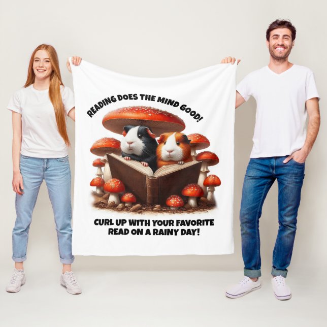 Funny Guinea Pigs Reading Under Red Mushrooms Fleece Blanket (In Situ)