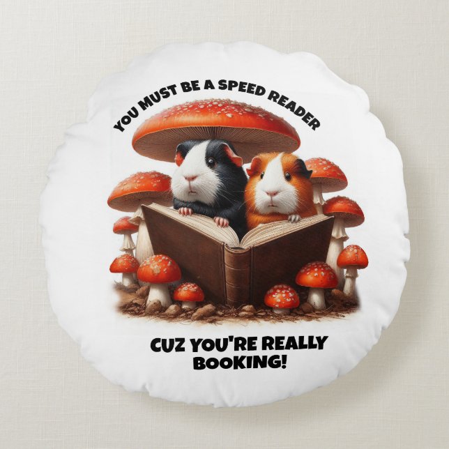 Funny Guinea Pigs Reading Under Red Mushrooms Round Cushion (Front)