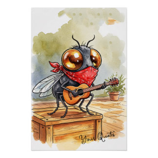 Funny Guitar Fly Art Poster