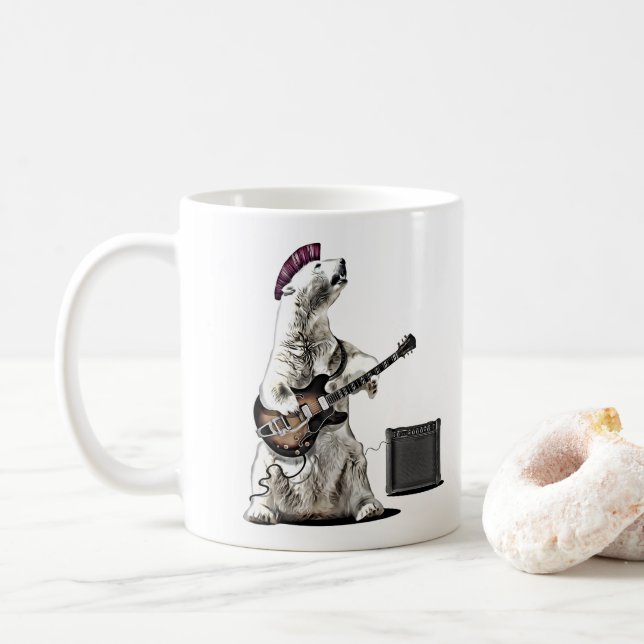 Funny Guitar Player Punk Bear Rock and Roll Mug (With Donut)