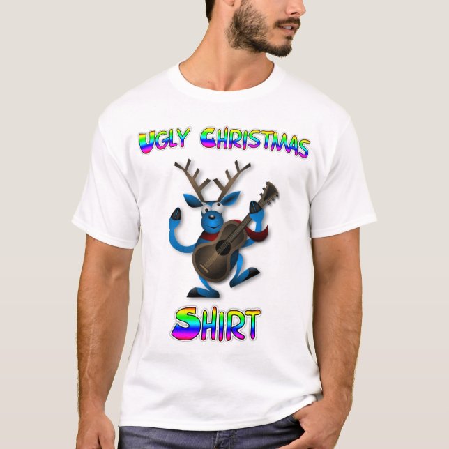 Funny Guitar Playing Reindeer Ugly Christmas Shirt (Front)