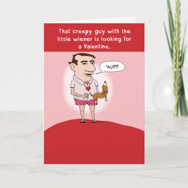 Funny Guy Holding Wiener Dog Valentine's Day Holiday Card (Front)