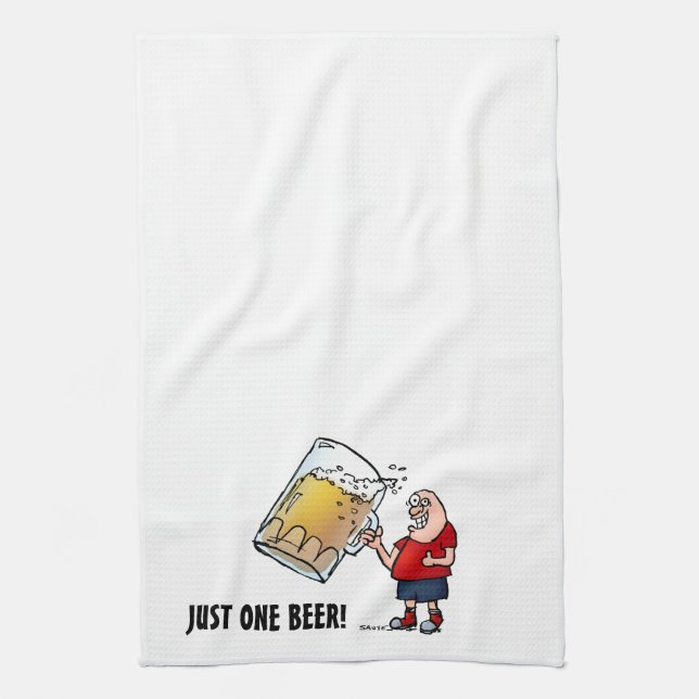 Funny Guy With Just One BIG Beer Tea Towel (Vertical)