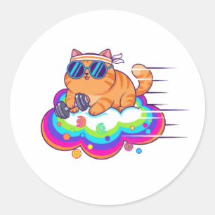 Funny Gym Cat Lifting Dumbbell on Rainbow Cloud Classic Round Sticker