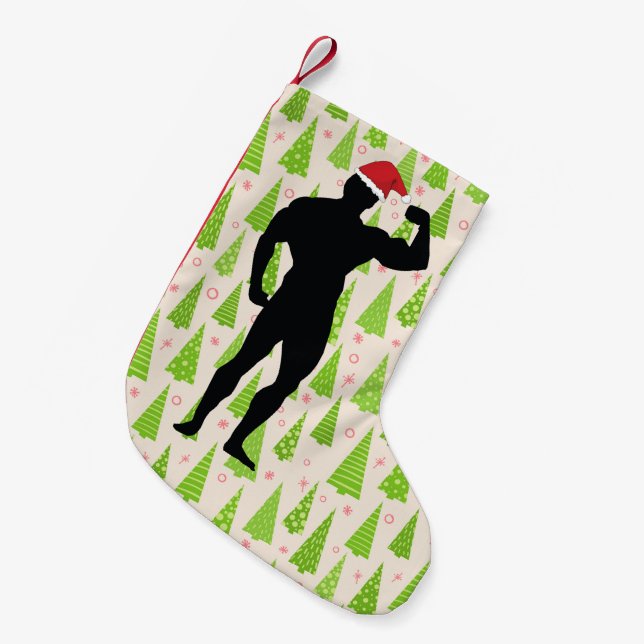 Funny Gym Christmas Bodybuilder in Festive Hat Small Christmas Stocking (Front (Hanging))