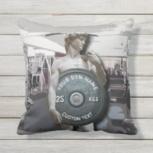 Funny Gym Owner Fitness David Holding Weight Outdoor Cushion