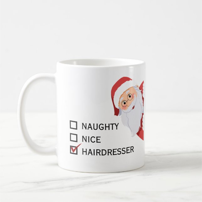 Funny Hairdresser naughty nice Christmas Mug (Left)
