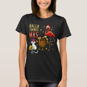 Funny Hallothanksmas Halloween Cat Flamingo T-Shirt