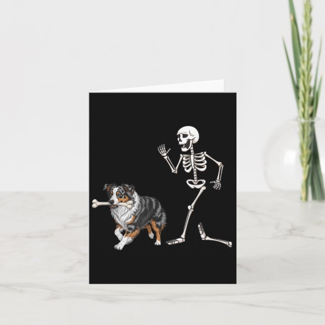 Funny Halloween Australian Shepherd And Skeleton  Card (Front)