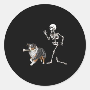 Funny Halloween Australian Shepherd And Skeleton Classic Round Sticker