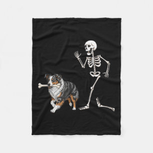 Funny Halloween Australian Shepherd And Skeleton Fleece Blanket