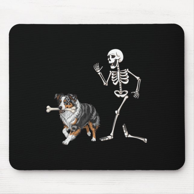 Funny Halloween Australian Shepherd And Skeleton  Mouse Pad (Front)