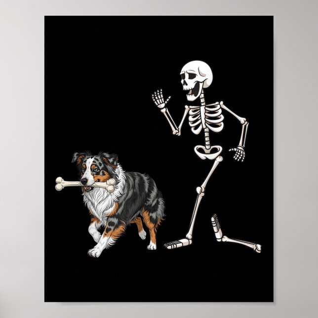 Funny Halloween Australian Shepherd And Skeleton  Poster (Front)