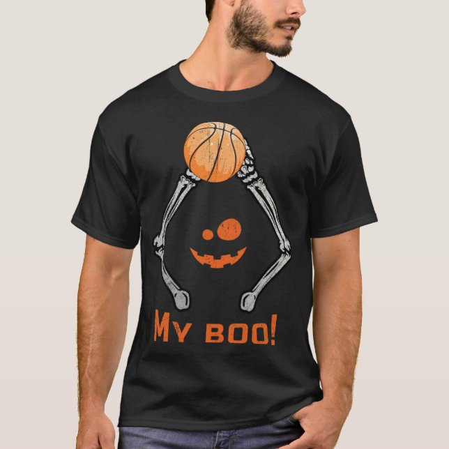 Funny Halloween Basketball Skeleton Pumpkin americ T-Shirt (Front)