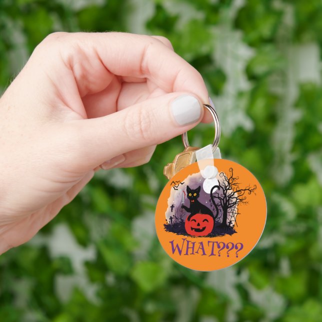 Funny Halloween Bewitched Black Cat What? Key Ring (Hand)