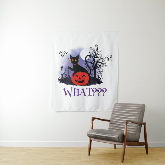 Funny Halloween Bewitched Black Cat What? Tapestry (In Situ)