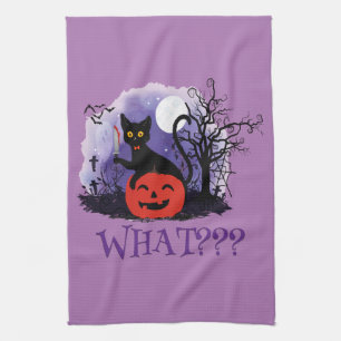 Funny Halloween Bewitched Black Cat What? Tea Towel