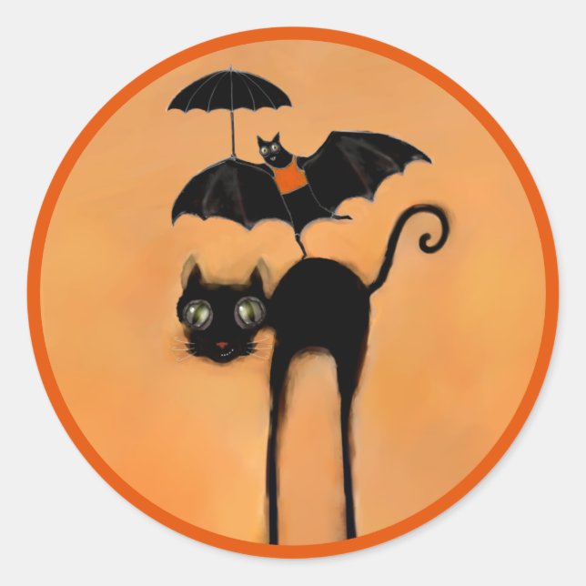 Funny Halloween Black Cat and Bat Classic Round Sticker (Front)