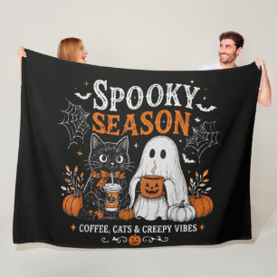 Funny Halloween Black Cat and Ghost Coffee Lover Fleece Blanket