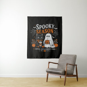 Funny Halloween Black Cat and Ghost Coffee Lover Tapestry