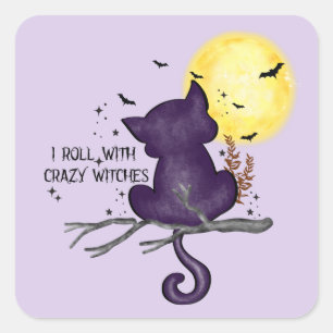 Funny Halloween Black Cat and Magical Moon Square Sticker