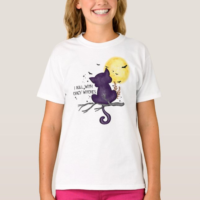 Funny Halloween Black Cat and Magical Moon T-Shirt (Front)
