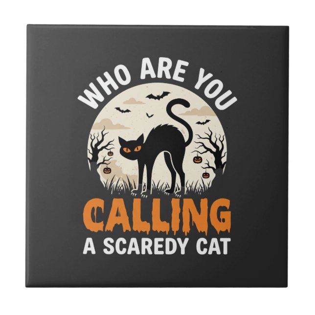 Funny Halloween Black Cat Scaredy Cat Vector Desig Ceramic Tile (Front)