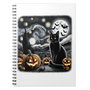 Funny Halloween Black Cat Starry Night Van Gogh Ca Notebook