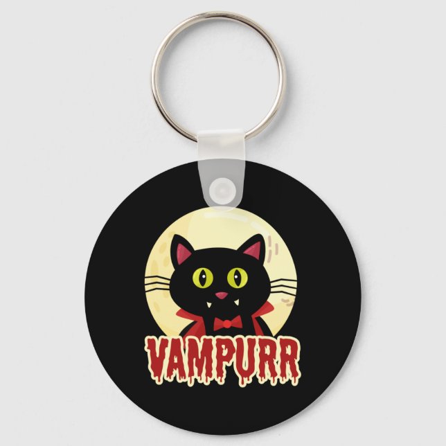 Funny Halloween Black Cat Vampurr Vampire Design Key Ring (Front)