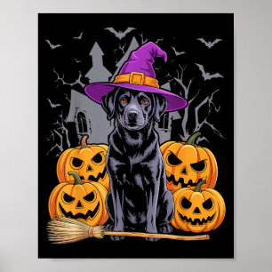 Funny Halloween Black Lab Dog Cute Witch Hat Broom Poster