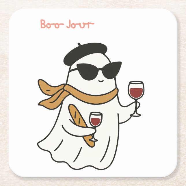 Funny Halloween Boo Jour Trick or Treat Square Paper Coaster (Front)