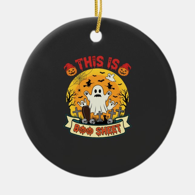 Funny Halloween Boo Sheet Ghost Graveyard Ceramic Ornament (Front)