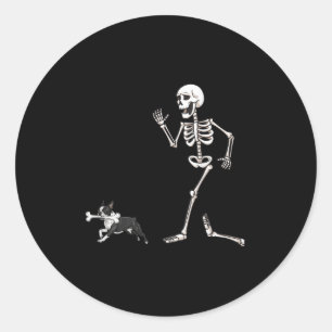 Funny Halloween Boston Terrier And Skeleton Classic Round Sticker
