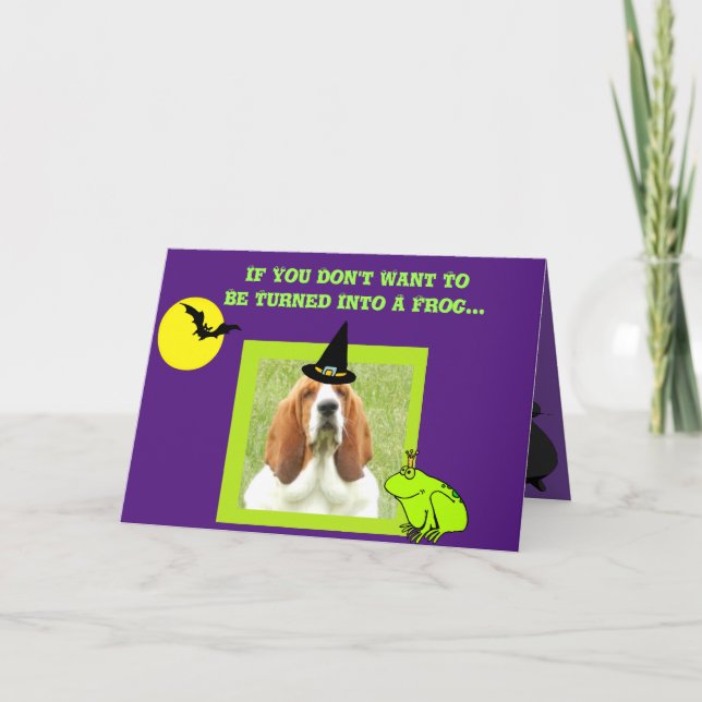 Funny Halloween Card w/Basset Witch & Caldron (Front)