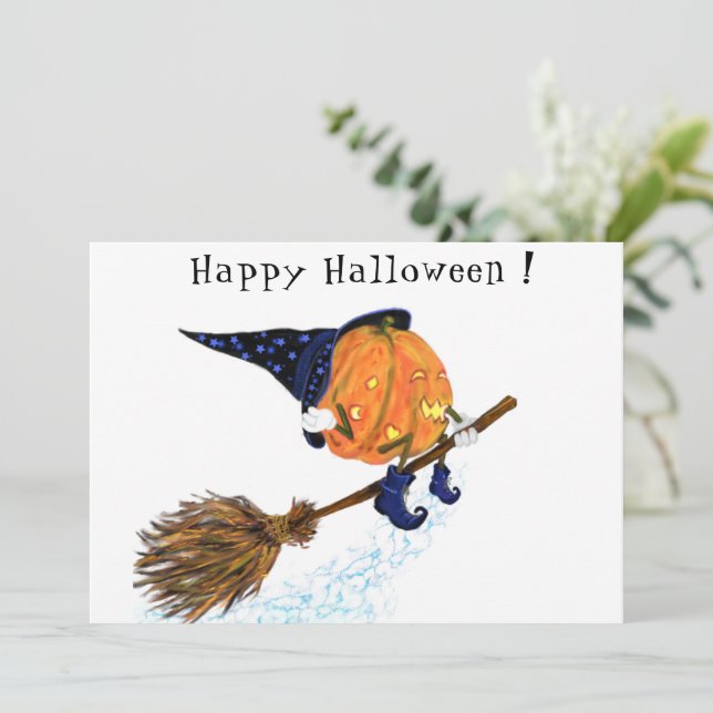 Funny Halloween Card with Witch Pumpkin Flying (Standing Front)