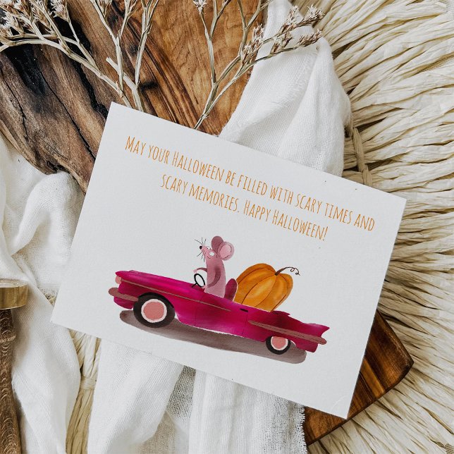 Funny Halloween Cartoon Mouse Delivering Pumpkin Postcard (Creator Uploaded)