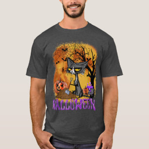 Funny Halloween Cat Bats Pumpkin Digging  T-Shirt