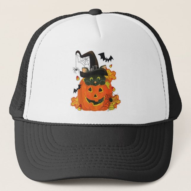 Funny Halloween Cat Black Cat Pumpkin Trucker Hat (Front)