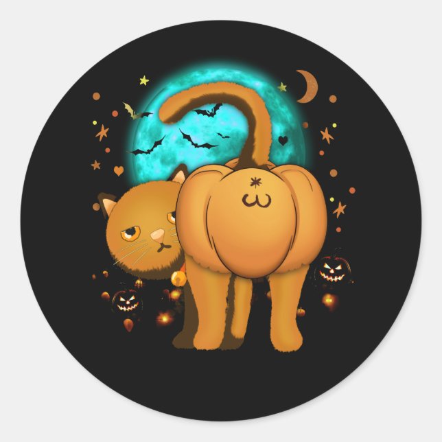 Funny Halloween Cat Butt Pumpkin Orange Tabby Pump Classic Round Sticker (Front)