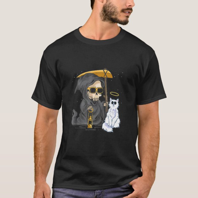 Funny Halloween Cat Grim Reaper Ghost Angle Kitten T-Shirt (Front)