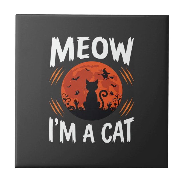 Funny Halloween Cat Moon Silhouette Graphic Ceramic Tile (Front)
