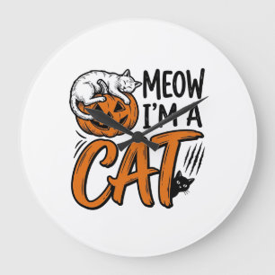 Funny Halloween Cat Pumpkin Typography Shirt Desig Large Clock